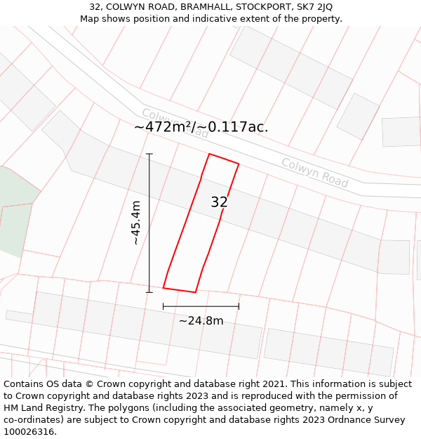 32, COLWYN ROAD, BRAMHALL, STOCKPORT, SK7 2JQ: Plot and title map