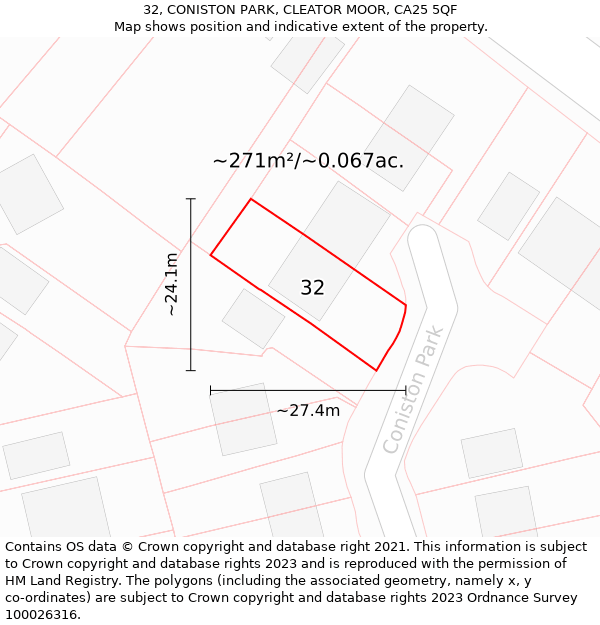 32, CONISTON PARK, CLEATOR MOOR, CA25 5QF: Plot and title map