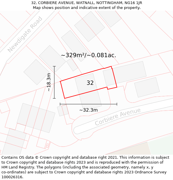 32, CORBIERE AVENUE, WATNALL, NOTTINGHAM, NG16 1JR: Plot and title map