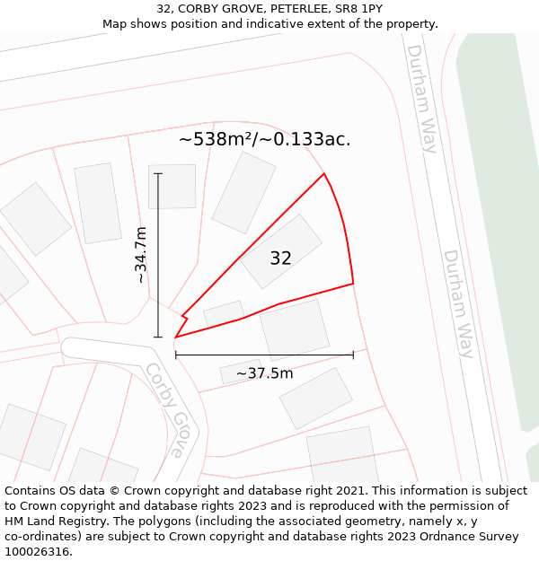 32, CORBY GROVE, PETERLEE, SR8 1PY: Plot and title map