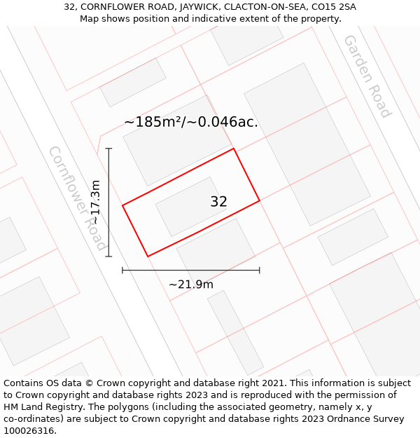 32, CORNFLOWER ROAD, JAYWICK, CLACTON-ON-SEA, CO15 2SA: Plot and title map