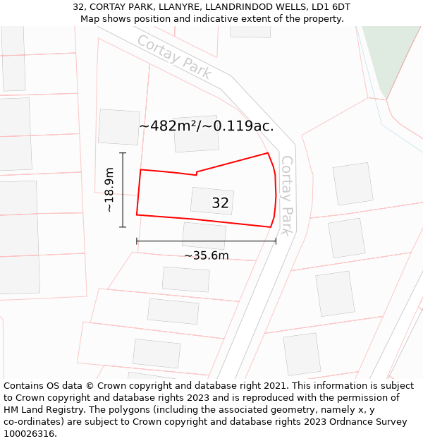 32, CORTAY PARK, LLANYRE, LLANDRINDOD WELLS, LD1 6DT: Plot and title map