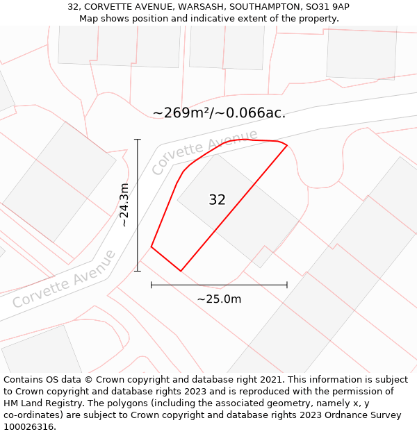 32, CORVETTE AVENUE, WARSASH, SOUTHAMPTON, SO31 9AP: Plot and title map