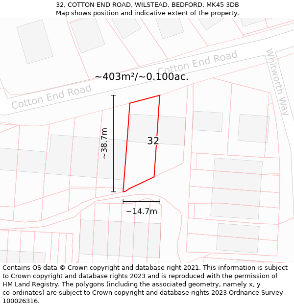 32, COTTON END ROAD, WILSTEAD, BEDFORD, MK45 3DB: Plot and title map