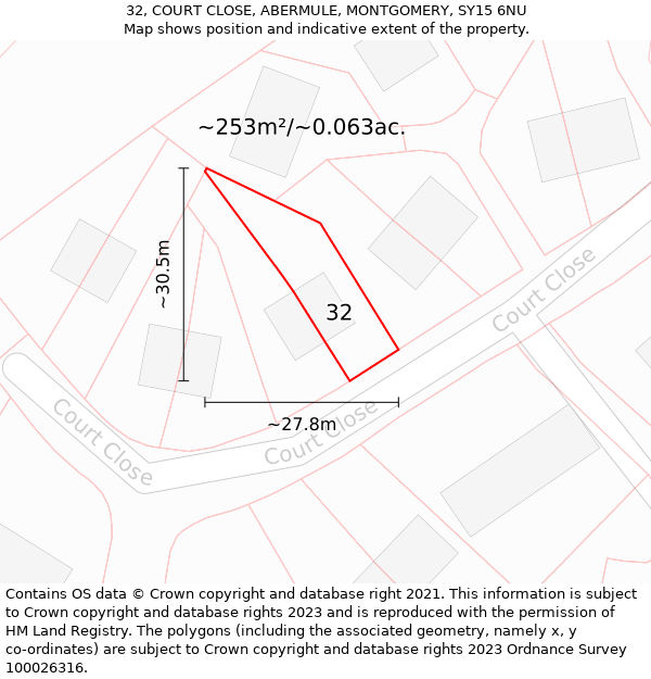 32, COURT CLOSE, ABERMULE, MONTGOMERY, SY15 6NU: Plot and title map