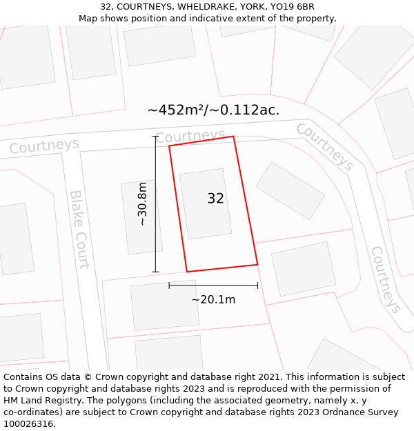 32, COURTNEYS, WHELDRAKE, YORK, YO19 6BR: Plot and title map