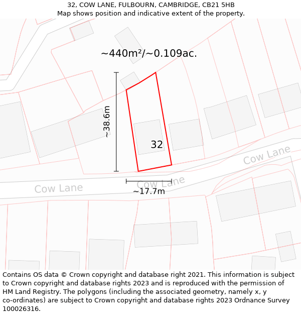 32, COW LANE, FULBOURN, CAMBRIDGE, CB21 5HB: Plot and title map