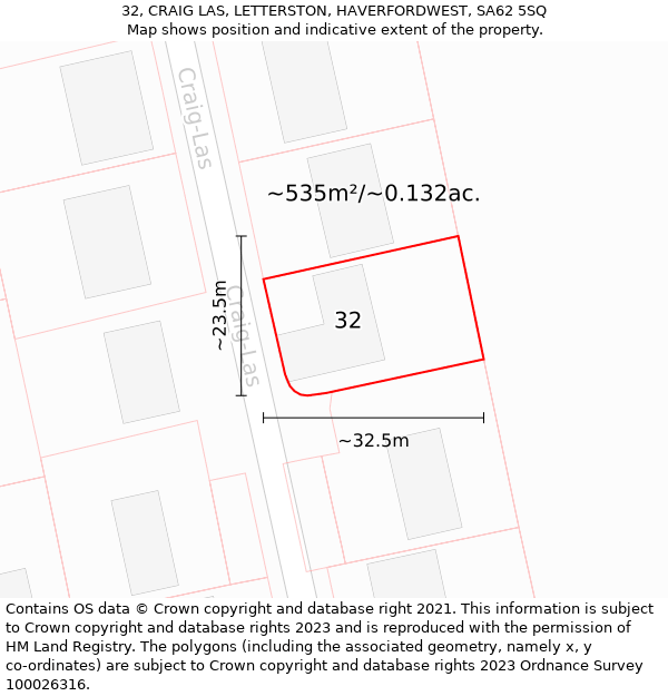 32, CRAIG LAS, LETTERSTON, HAVERFORDWEST, SA62 5SQ: Plot and title map