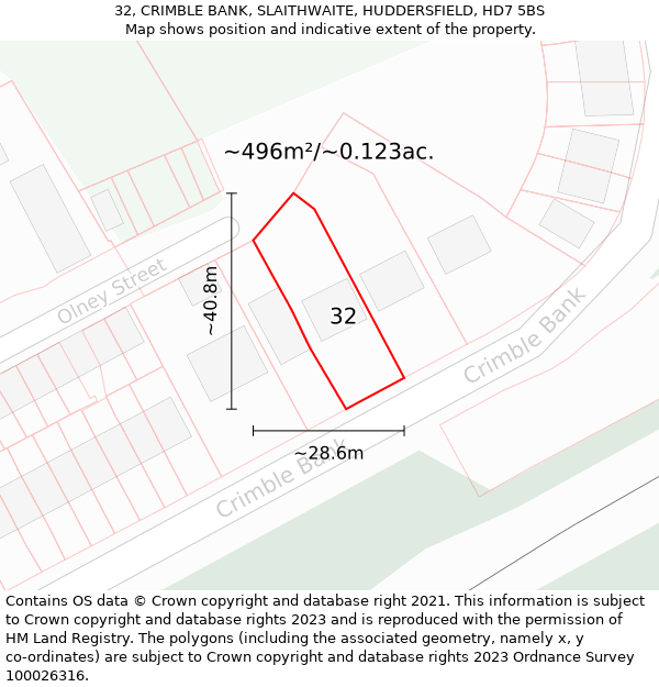 32, CRIMBLE BANK, SLAITHWAITE, HUDDERSFIELD, HD7 5BS: Plot and title map