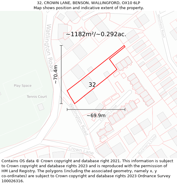 32, CROWN LANE, BENSON, WALLINGFORD, OX10 6LP: Plot and title map