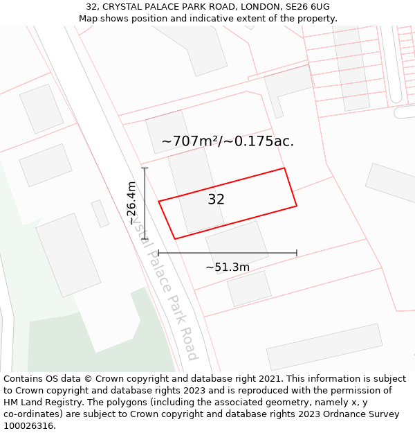 32, CRYSTAL PALACE PARK ROAD, LONDON, SE26 6UG: Plot and title map