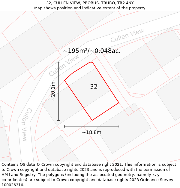 32, CULLEN VIEW, PROBUS, TRURO, TR2 4NY: Plot and title map