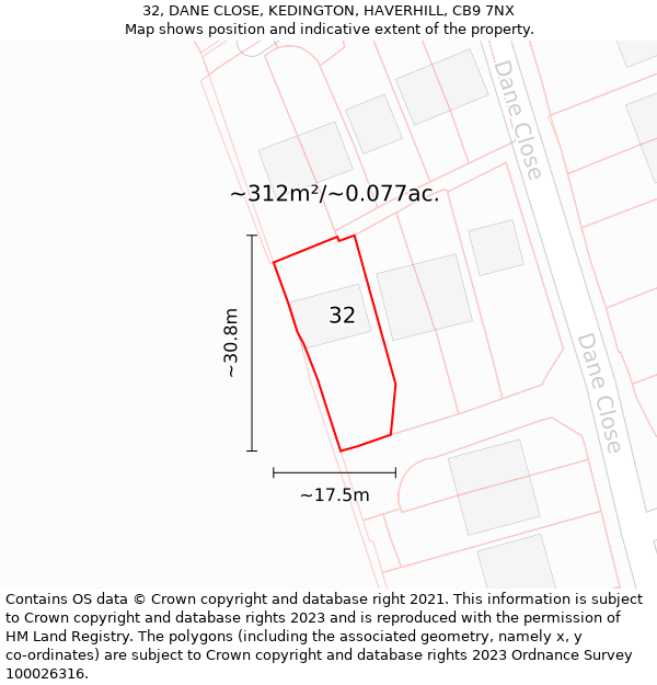 32, DANE CLOSE, KEDINGTON, HAVERHILL, CB9 7NX: Plot and title map