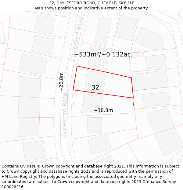 32, DAYLESFORD ROAD, CHEADLE, SK8 1LF: Plot and title map