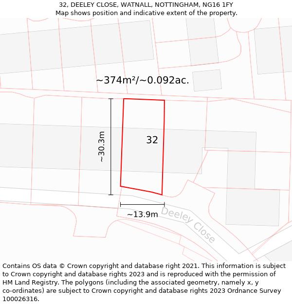 32, DEELEY CLOSE, WATNALL, NOTTINGHAM, NG16 1FY: Plot and title map