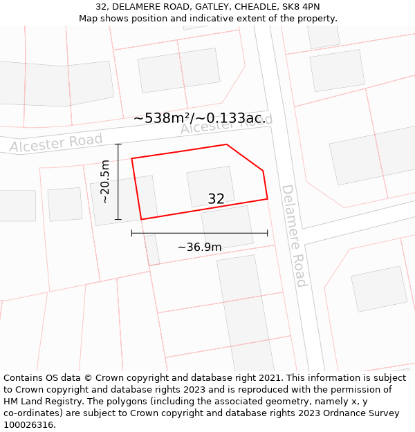 32, DELAMERE ROAD, GATLEY, CHEADLE, SK8 4PN: Plot and title map