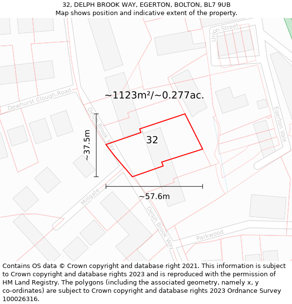 32, DELPH BROOK WAY, EGERTON, BOLTON, BL7 9UB: Plot and title map