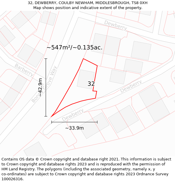 32, DEWBERRY, COULBY NEWHAM, MIDDLESBROUGH, TS8 0XH: Plot and title map