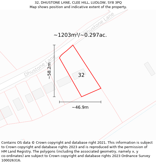 32, DHUSTONE LANE, CLEE HILL, LUDLOW, SY8 3PQ: Plot and title map