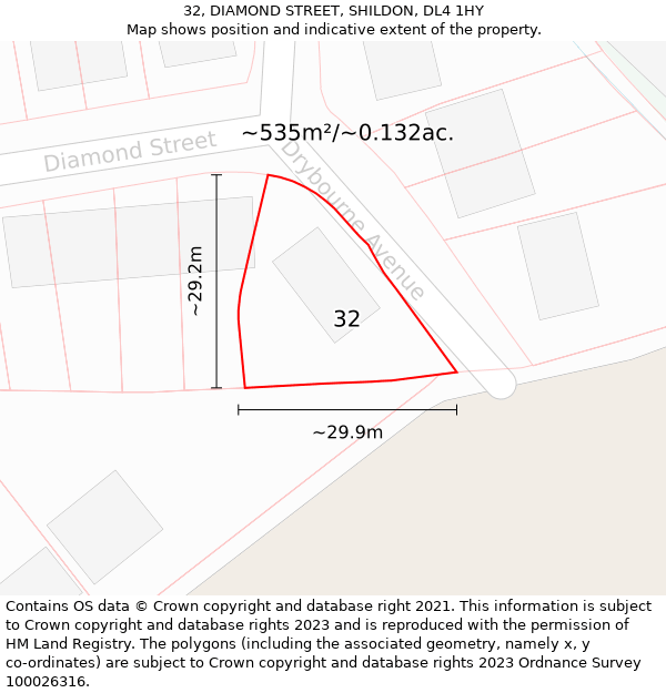 32, DIAMOND STREET, SHILDON, DL4 1HY: Plot and title map