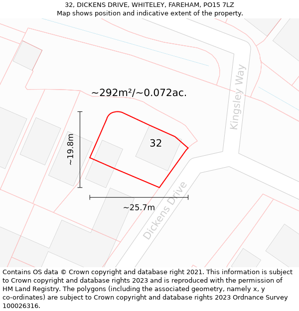 32, DICKENS DRIVE, WHITELEY, FAREHAM, PO15 7LZ: Plot and title map