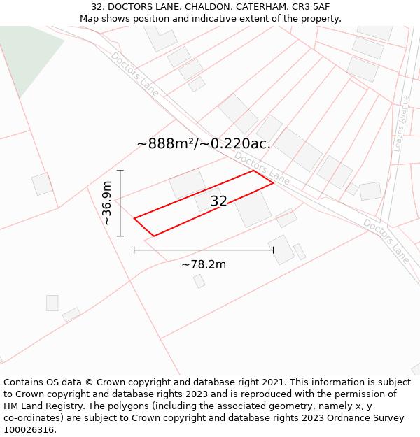 32, DOCTORS LANE, CHALDON, CATERHAM, CR3 5AF: Plot and title map