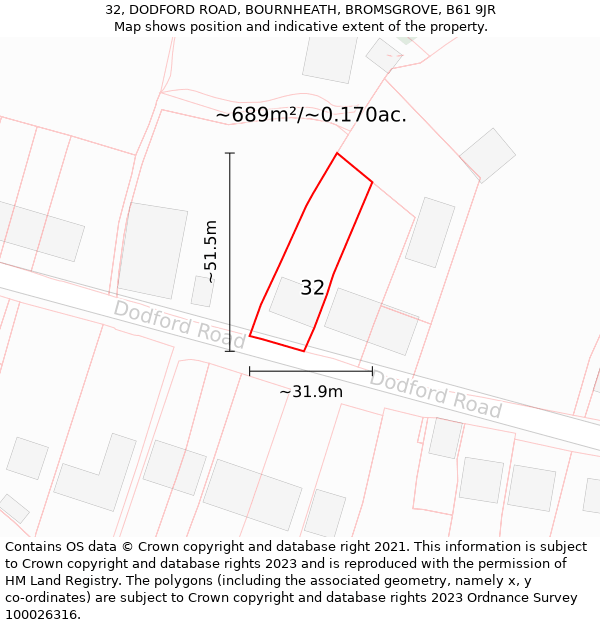 32, DODFORD ROAD, BOURNHEATH, BROMSGROVE, B61 9JR: Plot and title map