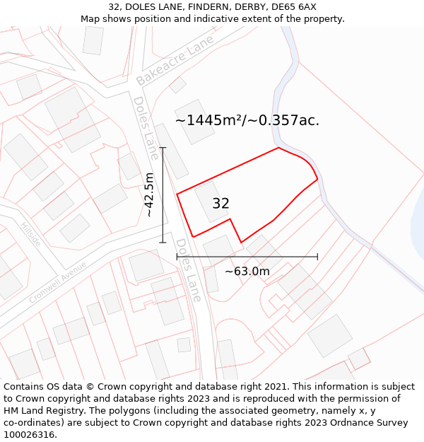 32, DOLES LANE, FINDERN, DERBY, DE65 6AX: Plot and title map