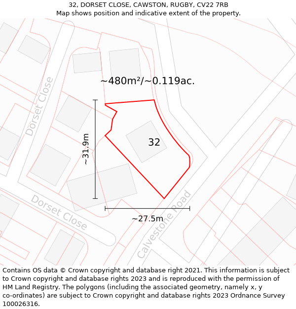 32, DORSET CLOSE, CAWSTON, RUGBY, CV22 7RB: Plot and title map