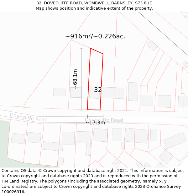 32, DOVECLIFFE ROAD, WOMBWELL, BARNSLEY, S73 8UE: Plot and title map