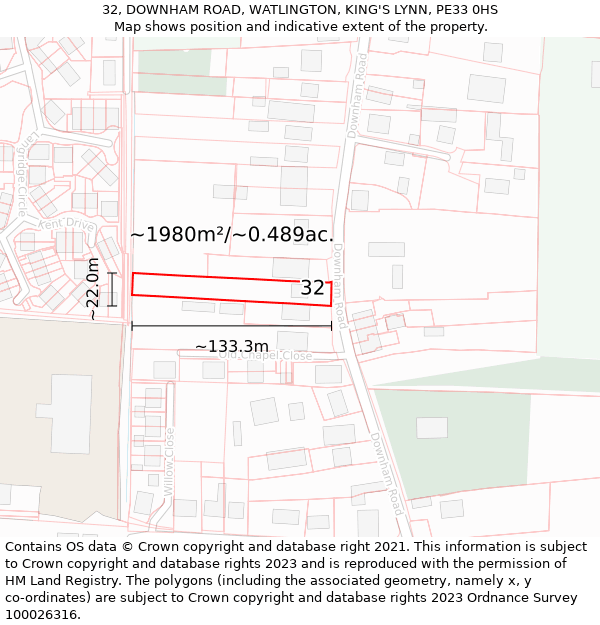 32, DOWNHAM ROAD, WATLINGTON, KING'S LYNN, PE33 0HS: Plot and title map