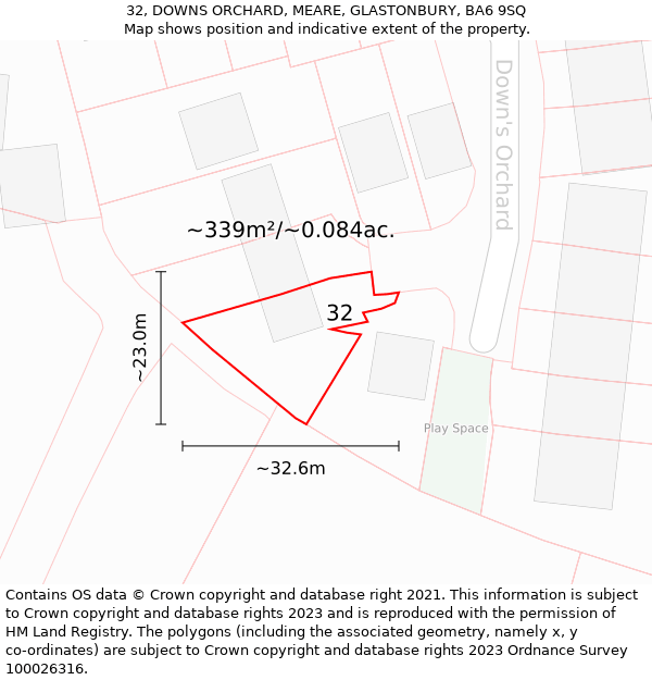 32, DOWNS ORCHARD, MEARE, GLASTONBURY, BA6 9SQ: Plot and title map