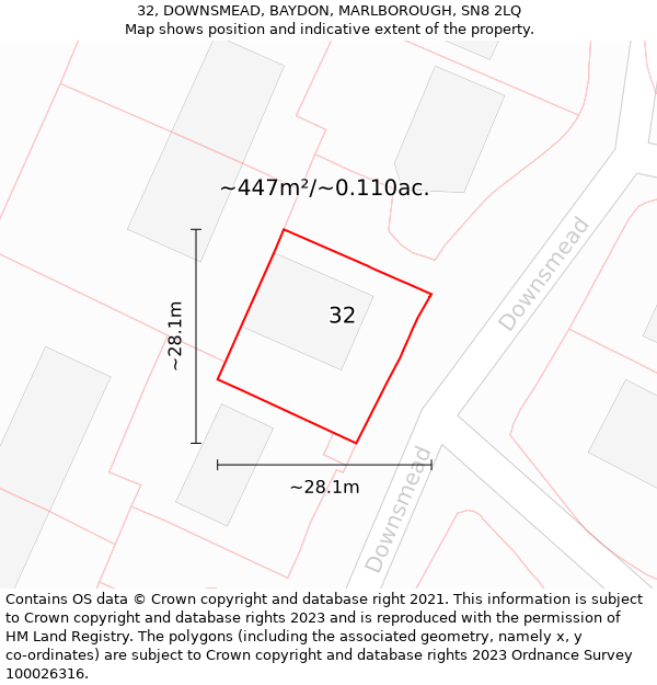 32, DOWNSMEAD, BAYDON, MARLBOROUGH, SN8 2LQ: Plot and title map