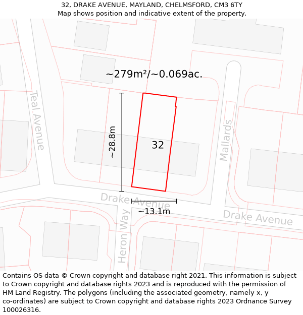 32, DRAKE AVENUE, MAYLAND, CHELMSFORD, CM3 6TY: Plot and title map