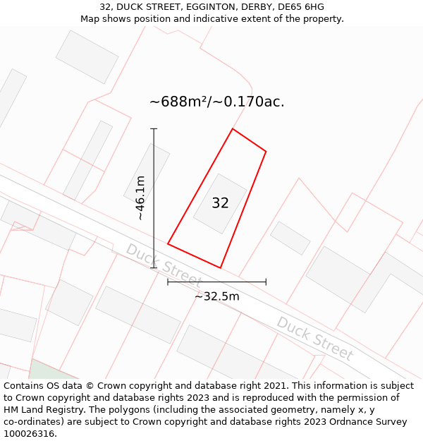 32, DUCK STREET, EGGINTON, DERBY, DE65 6HG: Plot and title map