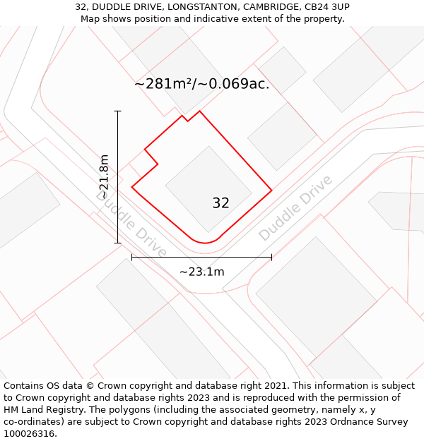 32, DUDDLE DRIVE, LONGSTANTON, CAMBRIDGE, CB24 3UP: Plot and title map