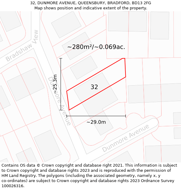 32, DUNMORE AVENUE, QUEENSBURY, BRADFORD, BD13 2FG: Plot and title map