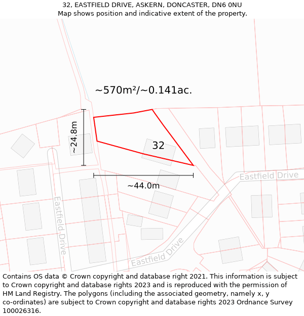 32, EASTFIELD DRIVE, ASKERN, DONCASTER, DN6 0NU: Plot and title map