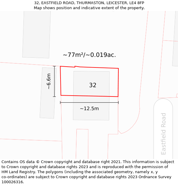 32, EASTFIELD ROAD, THURMASTON, LEICESTER, LE4 8FP: Plot and title map