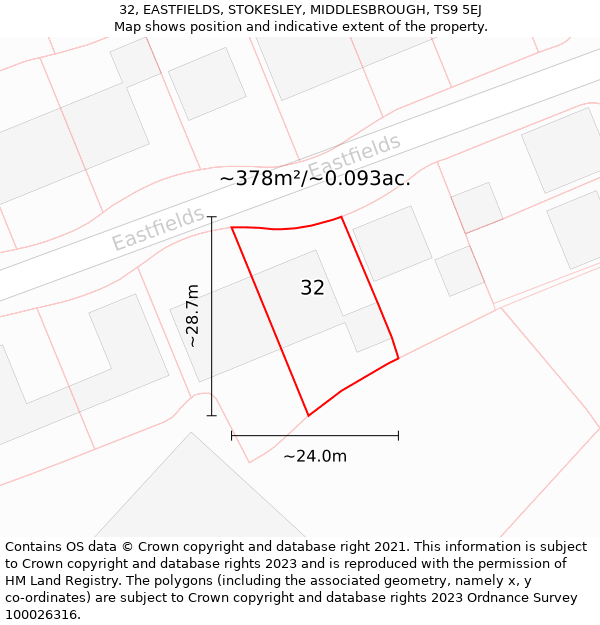 32, EASTFIELDS, STOKESLEY, MIDDLESBROUGH, TS9 5EJ: Plot and title map