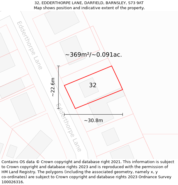 32, EDDERTHORPE LANE, DARFIELD, BARNSLEY, S73 9AT: Plot and title map