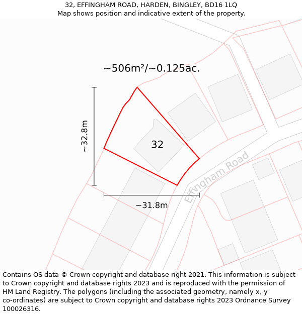 32, EFFINGHAM ROAD, HARDEN, BINGLEY, BD16 1LQ: Plot and title map