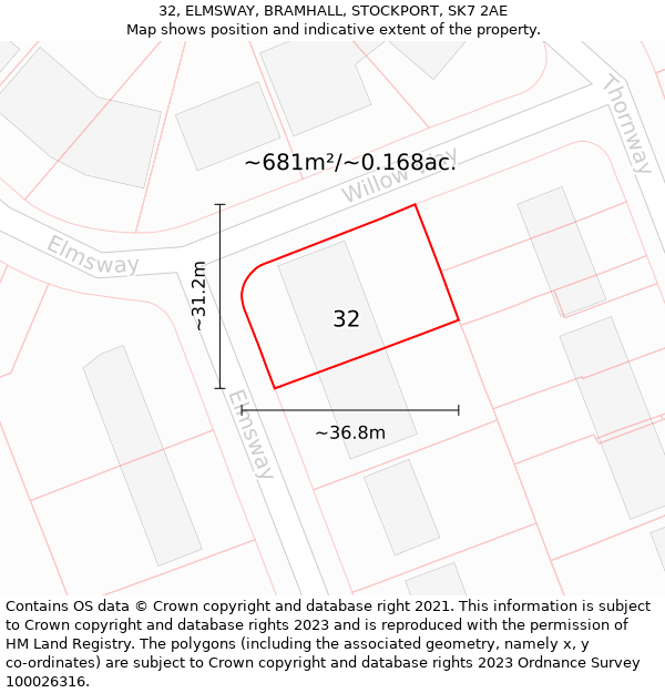 32, ELMSWAY, BRAMHALL, STOCKPORT, SK7 2AE: Plot and title map