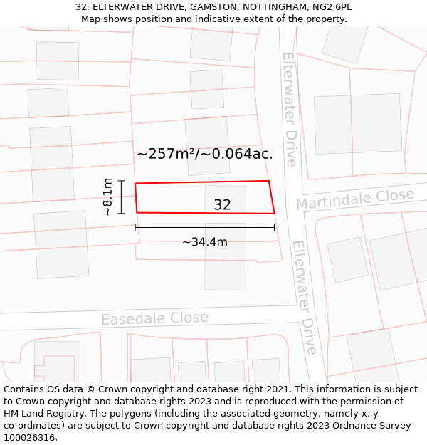 32, ELTERWATER DRIVE, GAMSTON, NOTTINGHAM, NG2 6PL: Plot and title map