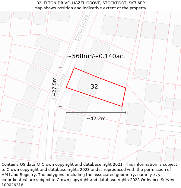 32, ELTON DRIVE, HAZEL GROVE, STOCKPORT, SK7 6EP: Plot and title map