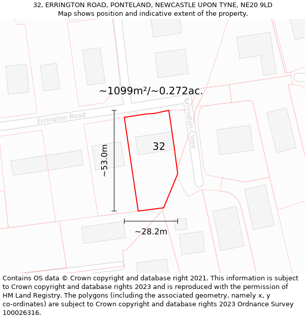 32, ERRINGTON ROAD, PONTELAND, NEWCASTLE UPON TYNE, NE20 9LD: Plot and title map