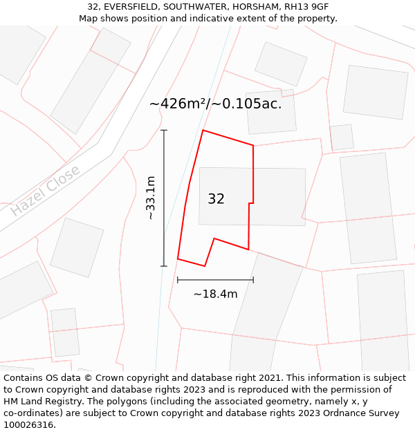 32, EVERSFIELD, SOUTHWATER, HORSHAM, RH13 9GF: Plot and title map