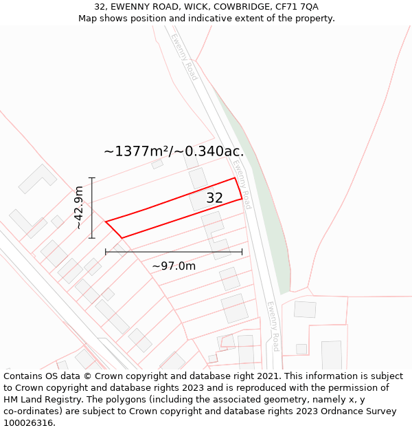 32, EWENNY ROAD, WICK, COWBRIDGE, CF71 7QA: Plot and title map