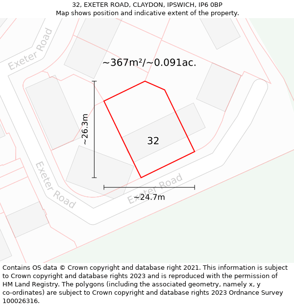 32, EXETER ROAD, CLAYDON, IPSWICH, IP6 0BP: Plot and title map