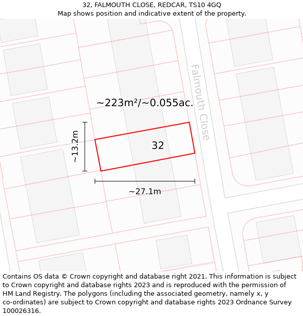 32, FALMOUTH CLOSE, REDCAR, TS10 4GQ: Plot and title map